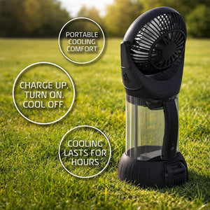 Black portable rechargeable fan standing on grass with text overlays highlighting cooling features