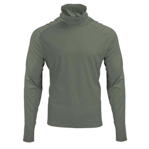 Olive green long sleeve hooded shirt with raglan sleeves