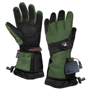 ActionHeat green and black heated gloves with battery pack in pocket