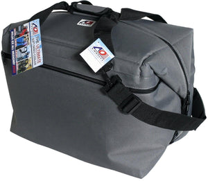 AO Coolers grey soft sided cooler bag with black shoulder strap and product tags