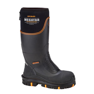 Dryshod Megatar black waterproof steel toe work boot with orange accents