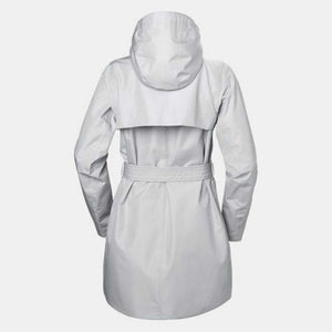 Back view of a light grey Helly Hansen hooded raincoat with a belted waist