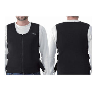 Front and back view of a black CompCooler liquid cooling vest worn over a white long sleeve shirt