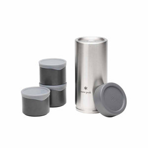 Snow Peak stainless steel food container set with three grey lidded canisters
