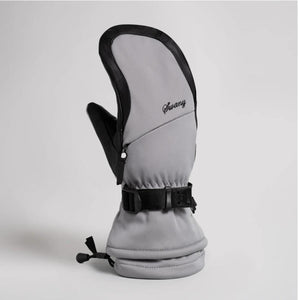 Swany grey and black winter mitten with adjustable wrist strap and drawstring cuff