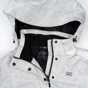White Mobile Warming jacket with geometric pattern and hood