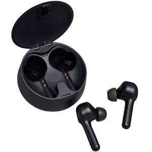 Black wireless earbuds with open charging case