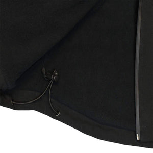 DeWalt black jacket interior showing fleece lining and adjustable drawstring hem