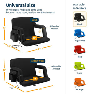 Alpcour stadium seat dimensions and color options showing wide and extra wide sizes