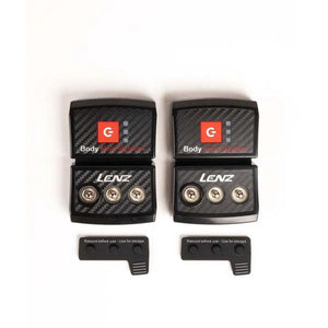 Two Lenz Body Heat System battery packs with carbon fiber texture and snap connectors