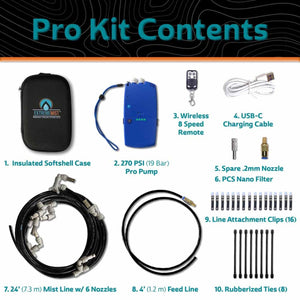 Extrememist pro kit components including pump, mist line, remote, charging cable, and accessories