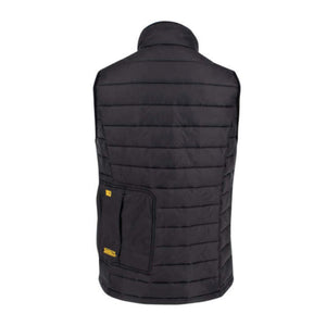 Back view of a black DeWalt quilted vest with a large pocket