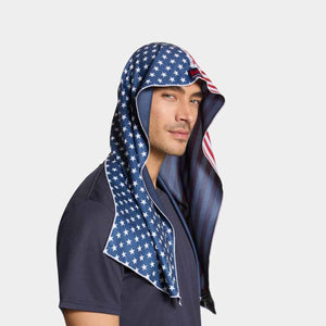 Man wearing a Mission cooling towel with an American flag print over his head