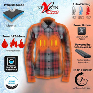 NexGen Heat plaid flannel shirt with three heat settings, rechargeable battery, and machine washable fabric
