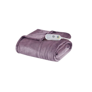 Folded purple Serta electric throw blanket with controller
