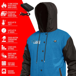 Detroit Lions ActionHeat heated varsity jacket with power bank and feature list