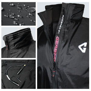 Gerbing heated jacket details showing water resistant fabric, collar, power cable, and front zipper