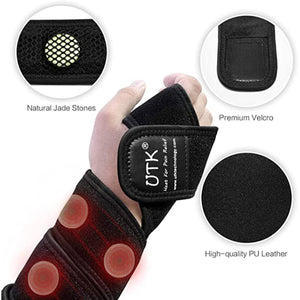 UTK Technology wrist heating pad showing jade stones velcro strap and PU leather material