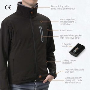 30seven heated jacket features with fleece lining, water-repellent fabric, armpit vents, and 4 heating levels