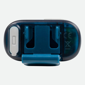 Blue electronic device with a white power button and a clip on the back