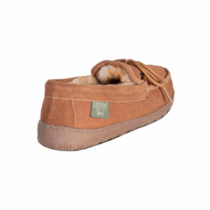 Cloud Nine Sheepskin tan suede moccasin slipper with shearling lining and lace detail