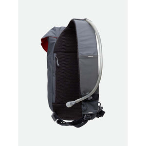 Nathan grey hydration backpack side view with mesh back panel and drinking tube