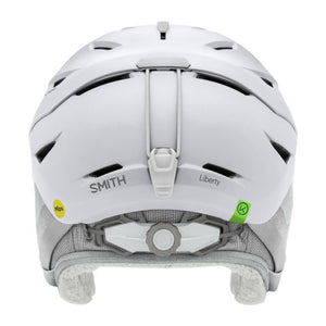 Back view of white Smith Liberty ski helmet with adjustable dial and goggle strap