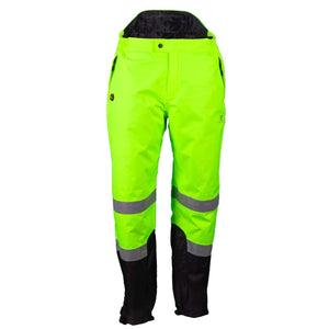 Mobile Warming high visibility neon yellow work pants with reflective strips and black lower leg panels