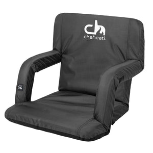 Chaheati black folding stadium seat with armrests and brand logo