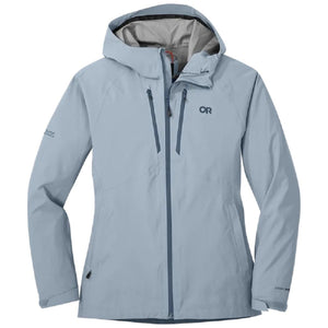Outdoor Research light blue hooded rain jacket with front zipper and chest pockets