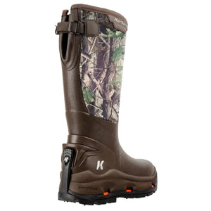 Korkers brown camouflage knee high rubber boot with adjustable strap and Omnitrax sole
