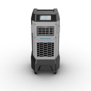 Portacool portable evaporative cooler with black base and grey housing on wheels