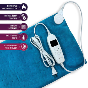 Aheata blue electric heating pad with digital controller and feature icons