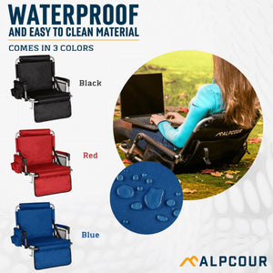Alpcour waterproof stadium seat in black red and blue with person using laptop