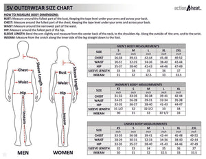 ActionHeat 5V outerwear size chart with body measurement instructions and tables for men women and unisex sizing