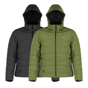 Mobile Warming hooded puffer jackets in black and olive green