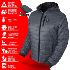 ActionHeat grey hooded heated jacket with power bank and feature list