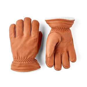 Hestra tan leather gloves with white fleece lining