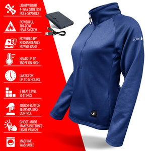 ActionHeat blue quarter zip heated jacket with power bank and feature list