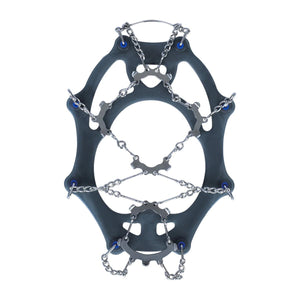 Snowline traction cleats with metal chains and spikes on a grey rubber frame