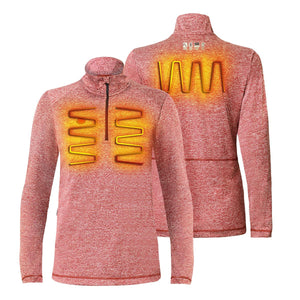 Red heathered quarter zip heated shirt showing front and back heating elements