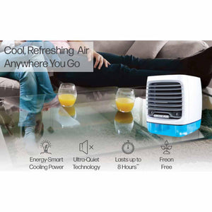 Ontel Arctic Air portable cooler on a table with feature icons for energy efficiency quiet operation and run time