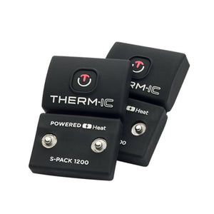 Two black Sidas Therm-ic S-Pack 1200 battery packs with power buttons and metal snap connectors