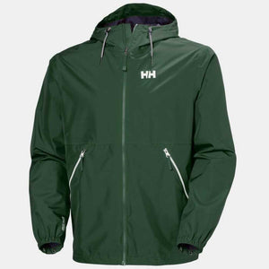 Helly Hansen dark green hooded rain jacket with front zipper and HH logo