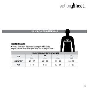 ActionHeat youth unisex size chart showing chest measurements and age ranges for sizes small through extra large