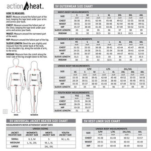 ActionHeat 5V outerwear size chart with body measurement instructions and tables for men women unisex and youth