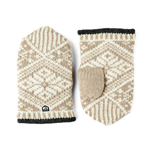 Hestra beige and white patterned knit mittens with black trim