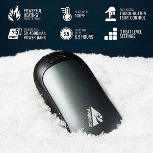 ActionHeat hand warmer on snow with icons showing heating features and power bank specifications