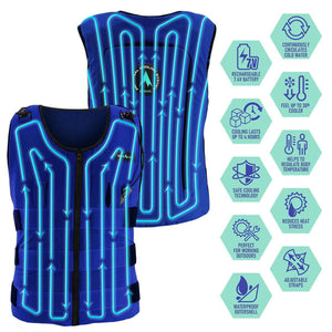 AlphaCool blue cooling vest with internal water circulation tubes and feature icons