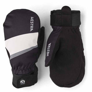 Hestra black and white insulated mittens with adjustable wrist straps